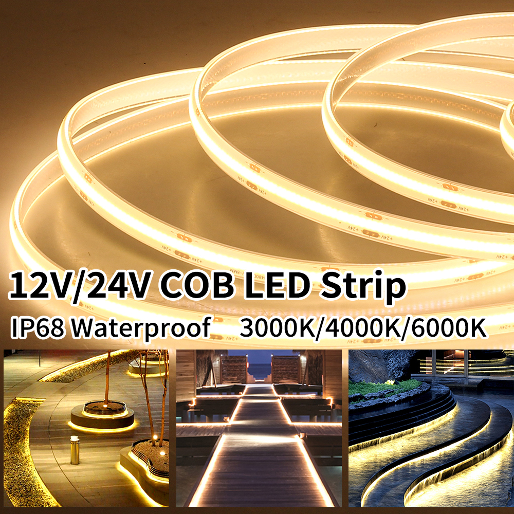 แถบไฟ LED ไฟเส้นสายยาว ไฟติดห้อง ความหนาแน่นสูง COB ยืดหยุ่น IP68กันน้ำได้12V 24V เปลี่ยนฟรี 3000K 4000K 6000K  5M
