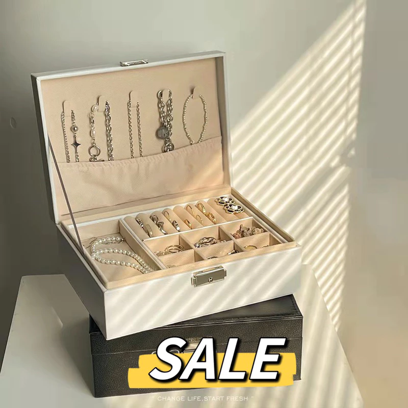 SALE🇹🇭กล่องใส่เครื่องประดับหนัง ถาด2ชั้น มีตัวล็อค กล่องเก็บเครื่องประดับ กล่องPUใส่เครื่องประดับกล่องใส่ต่างหู