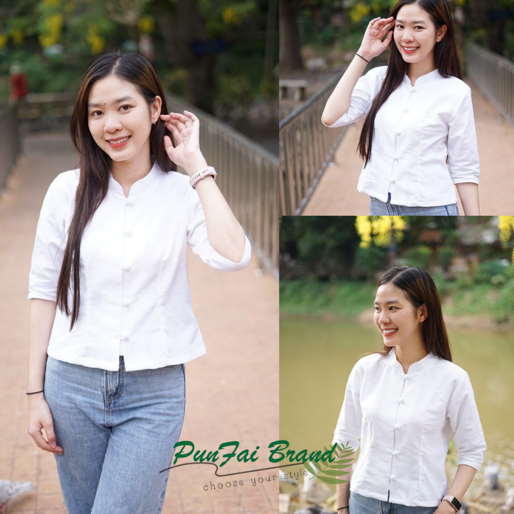 เสื้อใส่ทำงาน เสื้อเจ้านางคอจีนกระดุมปั้ม **มีไซส์อกS(34)-4XL(46)**