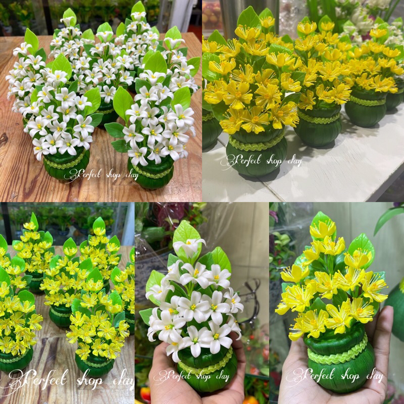 แจกันดอกไม้ประดิษฐ์ ความสูง 6นิ้ว 1. ดอกแก้วสีขาว ราคากระถางละ 149฿ 2. ดอกรวงผึ้งสีเหลือง ราคากระถางละ 149฿