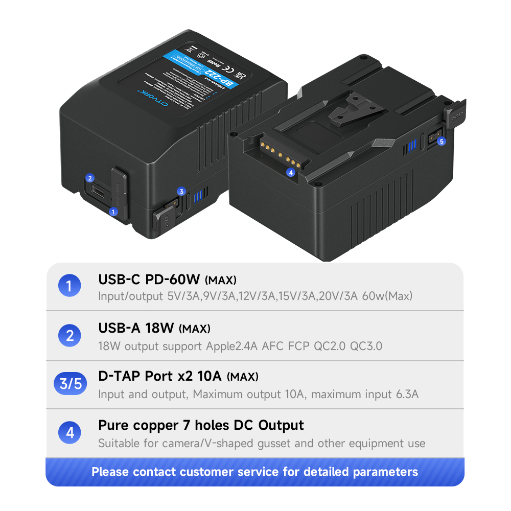 แบตเตอรี่ V-Mount แบตเตอรี่ความจุสูง พร้อมช่องต่อ D-Tap USB-A USB-C เหมาะสำหรับไฟสตูดิโอและกล้อง