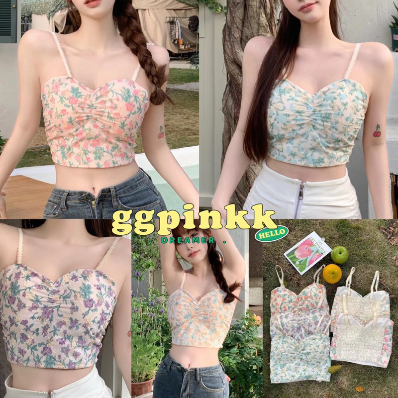 พร้อมส่งเสื้อสายเดี่ยวผ้าชีฟอง มีฟองน้ำ ลายลูกไม้