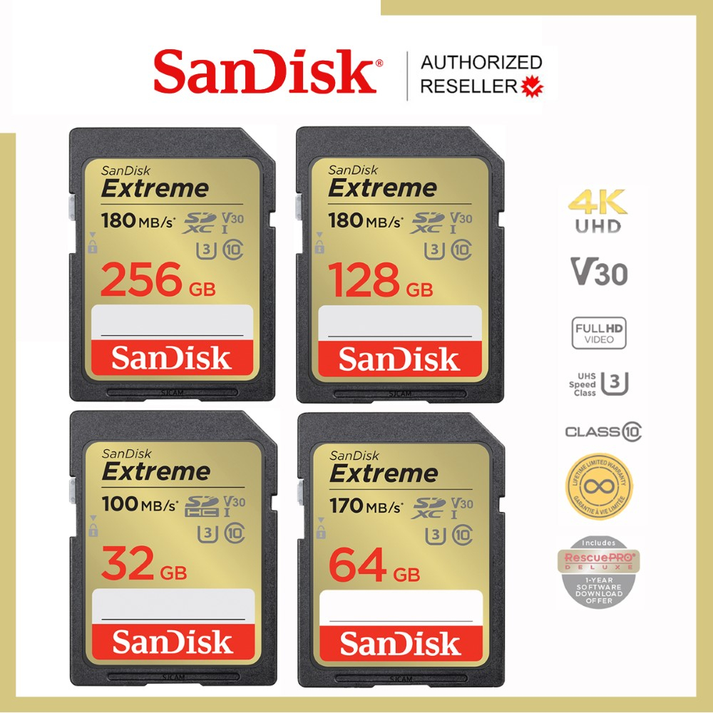 ซื้อ SanDisk Extreme SD Card SDHC SDXC 32GB , 64GB ,128GB , 256GB (SDSDXVT) เมมโมรี่การ์ด SDCARD Lifetime