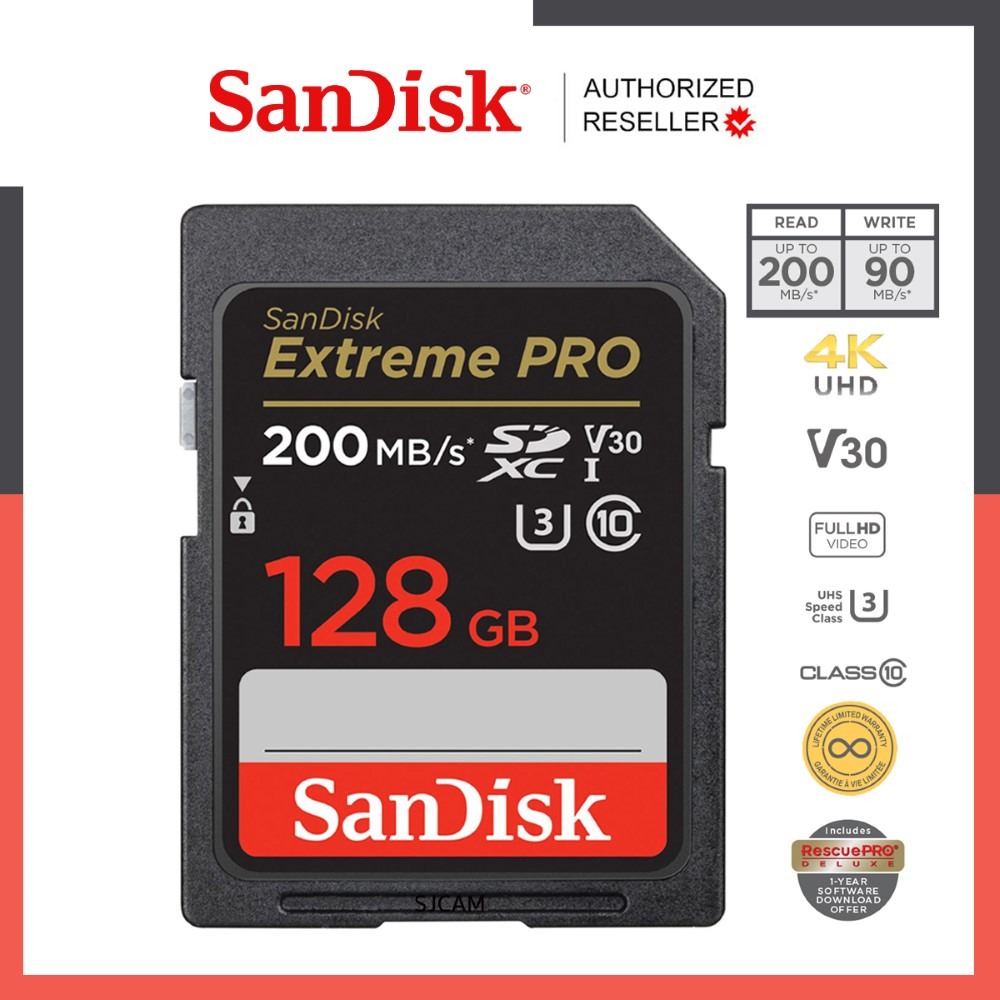 SanDisk Extreme Pro SD Card  SDXC 128GB ( SDSDXXD-128G-GN4IN ) ความเร็วอ่าน 200MB/s เขียน 90MB/s เมมโมรี่การ์ด SDCARD  แซนดิส รับประกัน Synnex lifetime