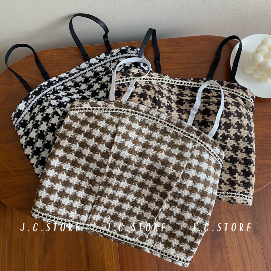 JC910 ⭐ เก๋ไก๋สไตล์ปารีส ⭐เสื้อสายเดี่ยวครอป ลายสก๊อต ผ้าทวิต มีฟองน้ำ สายปรับได้ เกาะอก ยกทรง แฟชั่น Goodly Shop