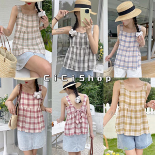 Cicishop(979-2)เสื้อกล้ามลายสก็อต ผ้าลินิน ดีเทลผูกโบว์ด้านหลัง สีสันสุดน่ารัก