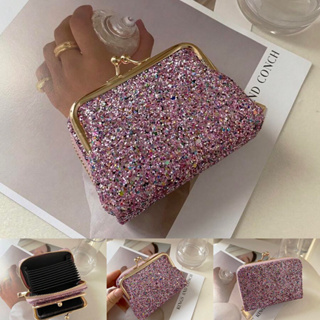 DWK :กระเป๋าใส่เหรียญชมพูกลิตเตอร์ Glitter Coin Purse Kiss Lock Multi-Card Card Organizer for Storage Credit Cards