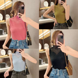 🚨FC พร้อมส่ง🚨เสื้อแฟชั่นไหมพรม แขนกุดคอกลมตั้ง อกแต่งผสมซีทรู 6 สี ผ้ายืดเยอะ