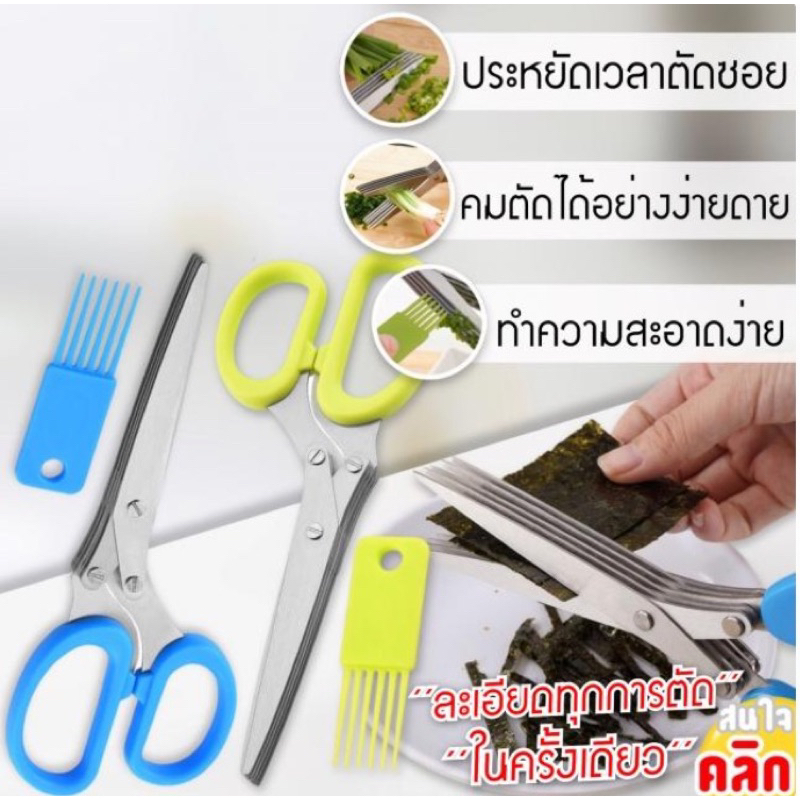 กรรไกร ตัดซอยผัก 5 แฉก สแตนเลส ซอยผักพริก ตัดซอย ผักชี ต้นหอม Scissors 5 blades stainless steel