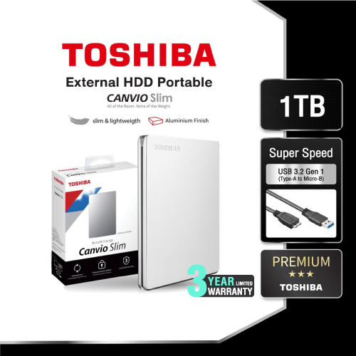 Toshiba External HDD (1TB) USB 3.2 SuperSpeed, รุ่น (Canvio Slim) 2.5" ฮาร์ดดิสพ