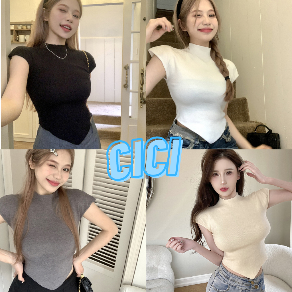 ส่งทันที Cici(NO. M828)เสื้อครอปคอสูง แขนกุด ผ้าเรียบใส่สบาย