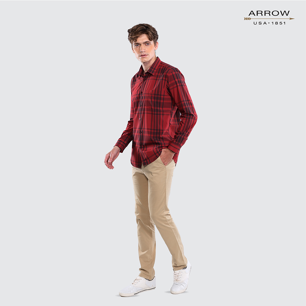 ARROW Bamboo SHIRT -สัมผัสนุ่ม สวมใส่สบาย ระบายอากาศดี - เสื้อเชิ้ตทำงานแขนยาว ลายตารางสีแดง ทรง SLIM FIT รหัสMACS108S3B