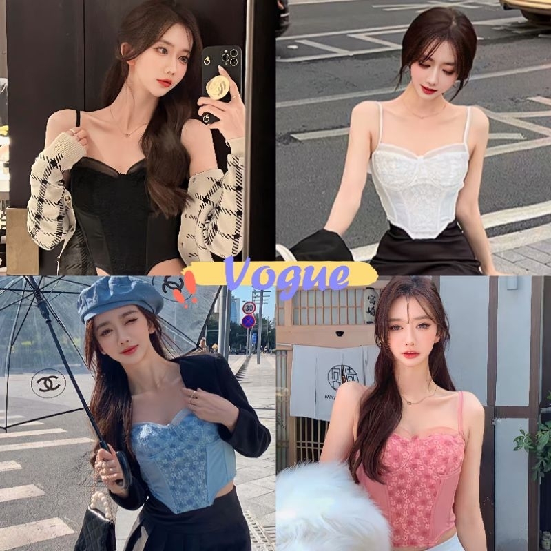 Vogue🌟พร้อมส่ง🌟 เสื้อสายเดี่ยว มีฟองน้ำ ลายดอกไม้ สม๊อคหลังยืดนิดๆ (FY0511-H/FY0512-DD) -N