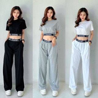 New Collection !!!! Chanel Crop Top Set  เซทเสื้อครอปคอกลมแขนสั้น แต่งขอบยาง chanel มาพร้อมกางเกงขายาว ทรงกระบอกใหญ่