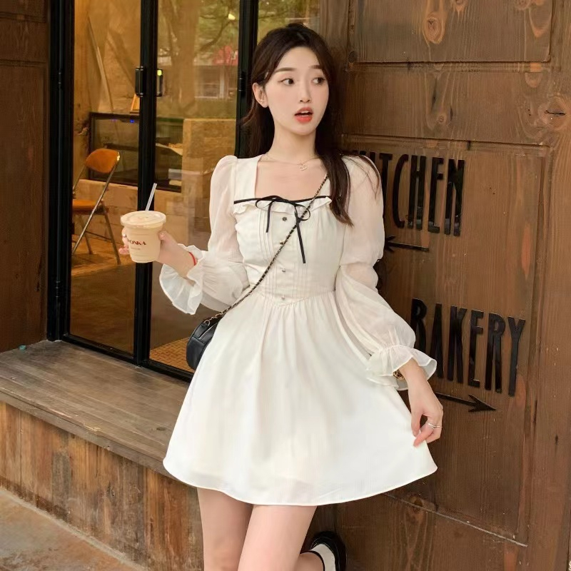 เสื้อผ้าแขนยาวสไตล์ใหม่เลือกหลายสี แขนยาว เดรสเจ้าหญิง ชีฟอง,น่ารัก,กระโปรงทรงเอ,ชุดเกาหลี,ชุดราตรี,เดรสคอเหลี่ยม