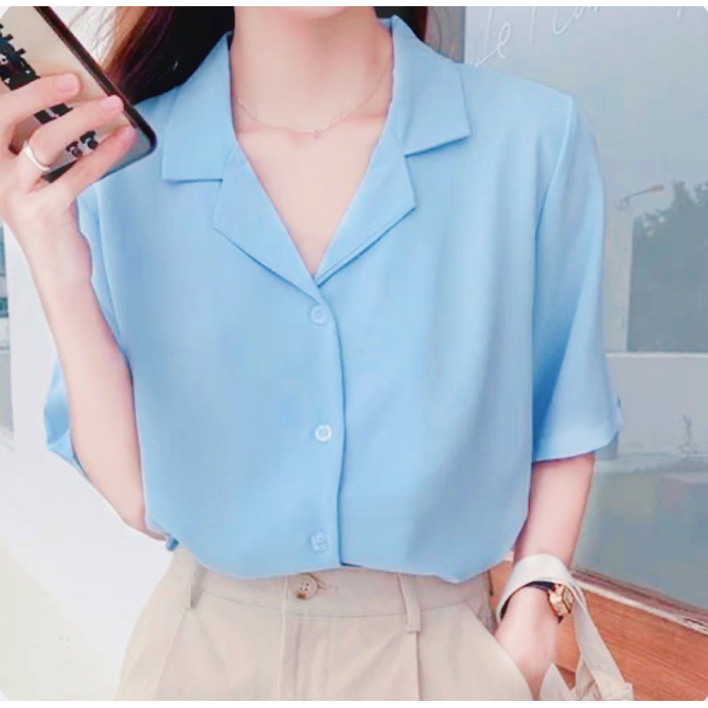 เสื้อเชิ้ตแขนสั้นสีฟ้า ป้ายbp สไตล์ KOREA ผ้าดีใส่สบายมาก ไซส์ M-6XL