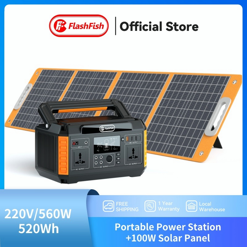 (560W Portable Power Staion+100W Solar Panel)Flashfish Power box แค้มป์ปิ้ง Solar Powerbank เครื่องก