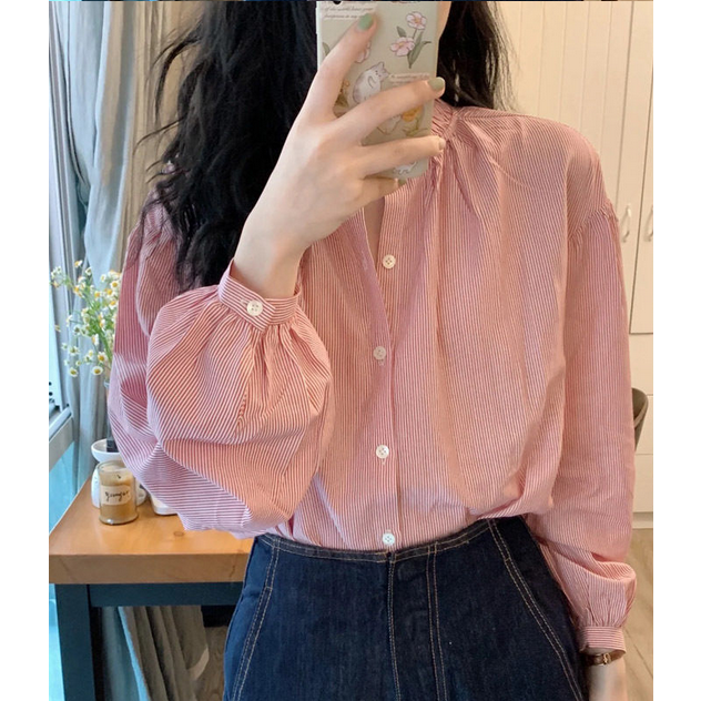พร้อมส่ง : เสื้อเชิ้ตลายทางสีชมพูสไตล์เกาหลี[G16]