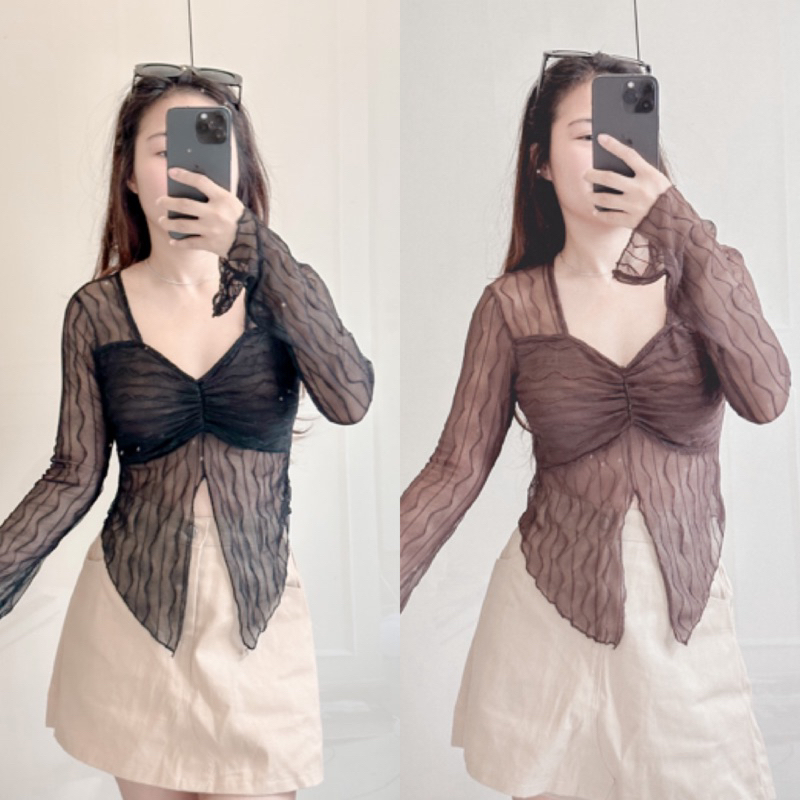 WY2K CROP TOP เสื้อแขนยาวผ้าลายคลื่น พร้อมส่ง