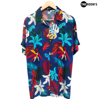 เดอะรูม THE ROOMS เสื้อฮาวาย เสื้อเชิ้ตฮาวาย สีพื้นน้ำเงิน ลายดอกฟ้าขาว ผ้าสปัน