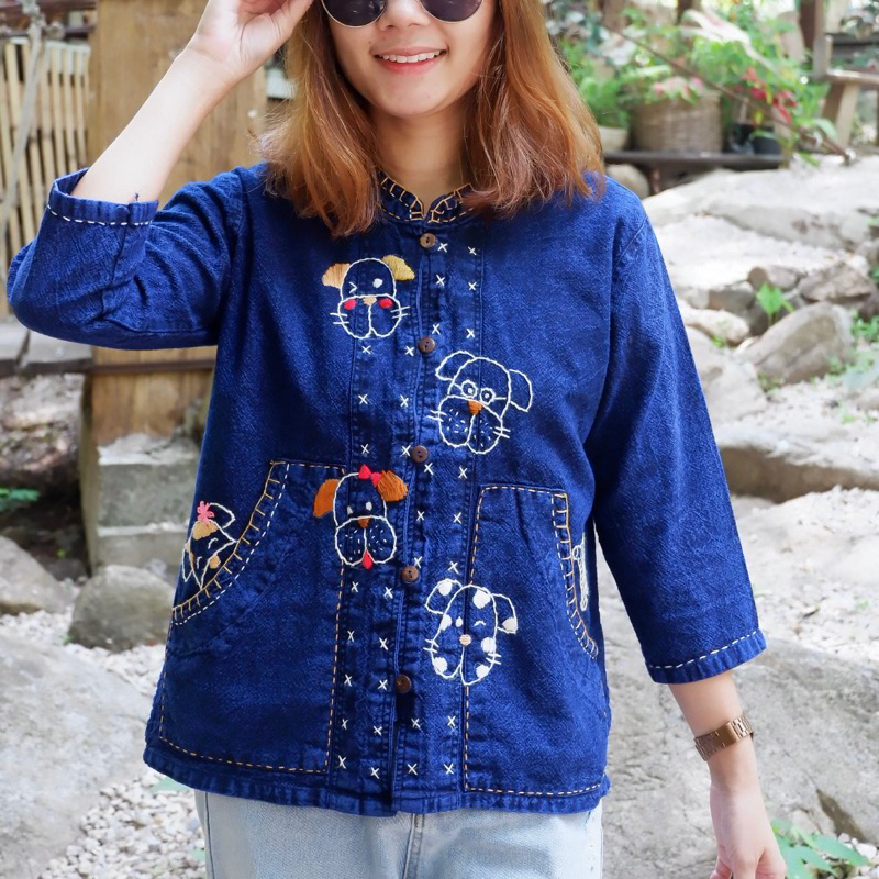 เสื้อหม้อฮ่อมฟอกนิ่มลายปักน้องหมา สินค้าใหม่ อก38-50" ใส่สบายน่ารักๆ