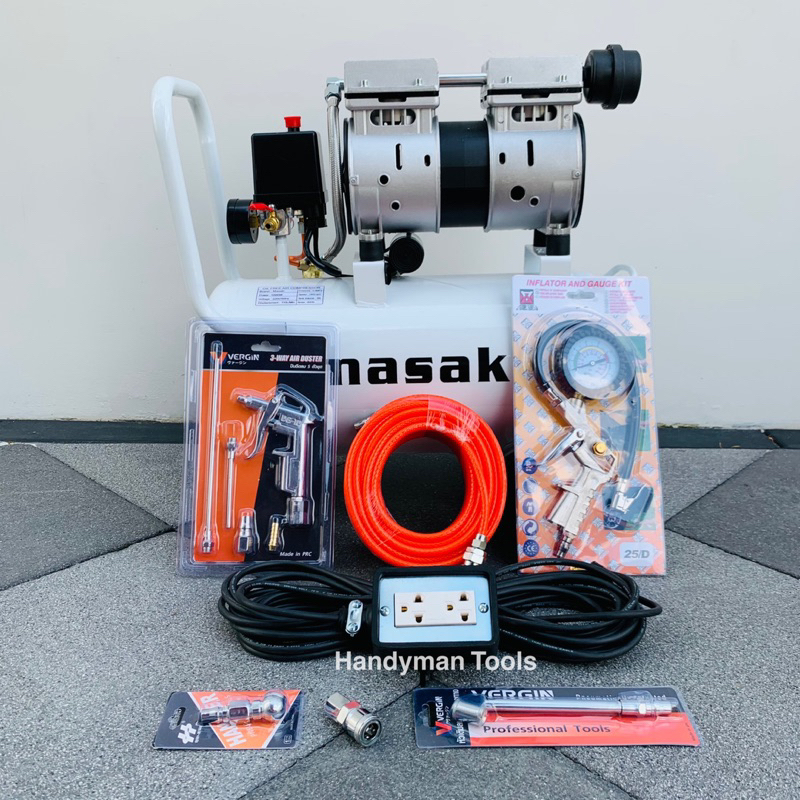MASAKI ปั๊มลม ถังลม ปั๊มลมออยฟรี 30ลิตร+อุปกรณ์ 6 อย่าง+สายไฟอย่างดี 10 ม. (อัพเกรด ขนาด 1000W) **รับประกัน 1 ปีเต็ม**