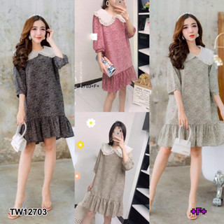 👗Pfashion [ส่งไว!!🚛] P12703 เดรสโอเวอร์ไซส์ลายดอกไม้คอปกลูกไม้