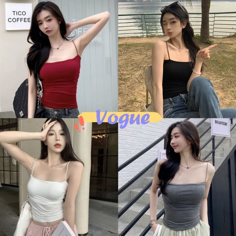 Vogue🌟พร้อมส่ง🌟  เสื้อสายเดี่ยว ผ้านิ่มเด้ง มีฟองน้ำ ดีเทลขอบย่นๆ (FY3383)  -H