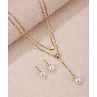 Set 2ชิ้น 💎✨ เซ็ทสร้อยคอ สร้อยคอสแตนเลส เซ็ตเครื่องประดับ สร้อยมุก จี้เพชร จี้มุก ต่างหูมุก ต่างหูสแตนเลส