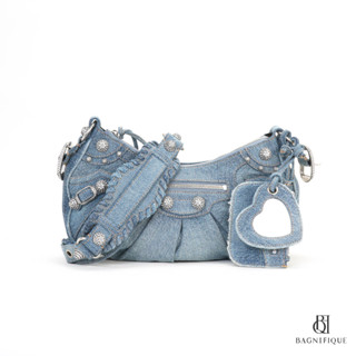 NEW BALENCIAGA LE CAGOLE SMALL BLUE DENIM GHW