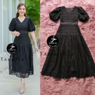 เดรสลูกไม้ดำ!!! S-6XL Maxi Dress เดรสสีดำแขนพองผ้าซีทรูปักลาย งานป้าย Tarm Ha