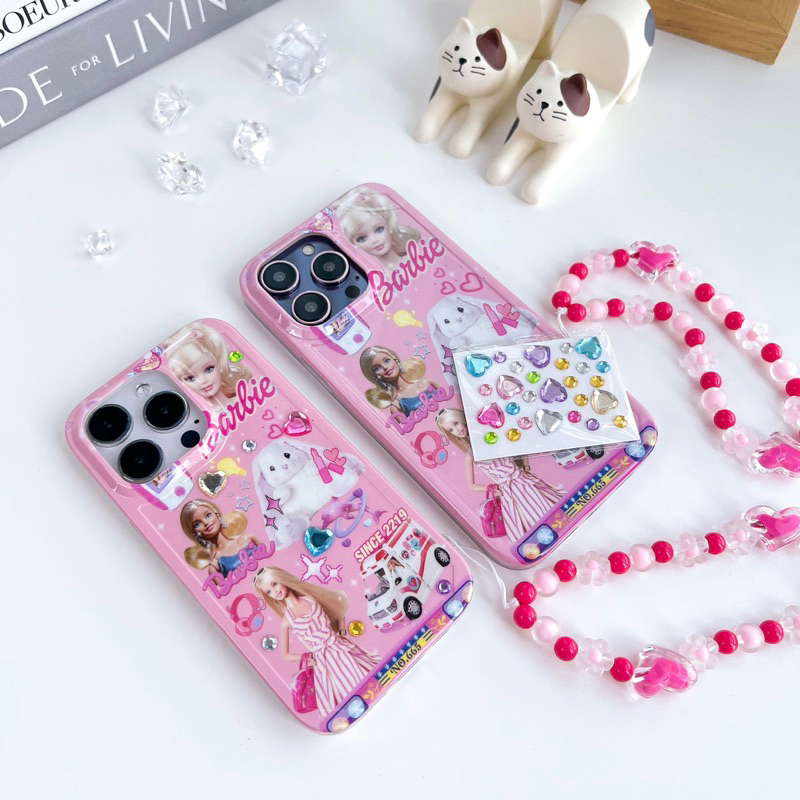 พร้อมส่ง T7S167 เคสบาร์บี้ Barbie+โซ่คล้องมือ+สติ๊กเกอร์ เคสคล้องมือ สำหรับ iPhone เคสไอโฟน I11-14,14Pro,14Promax