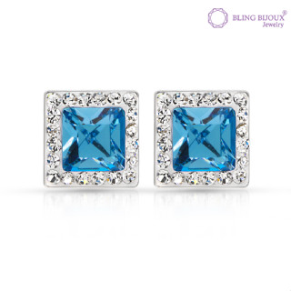 Bling Bijoux ต่างหู เงินแท้ 925 คริสตัล สี่เหลี่ยม สี aquamarine