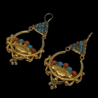 ต่างหู หินเทอร์ควอยส์ และ หินปะการัง แฮนเมด Afghan Turquoise &amp; Coral Earrings Dangle Jewelry Gemstone Handmade