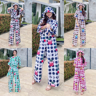 TW16029 Set 4 ชิ้น เสื้อครอปแขนพอง+กางเกงขายาว+หมวกบัคเกต+ผ้าผูกผม