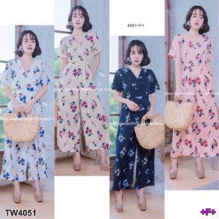 CS4051 จั้มสูทขายาวลายดอก Floral long-sleeved jumpsuit