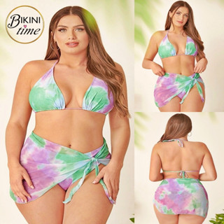 🏖BikiniTime (ไซส์ 3XL) SB248 ทูพีซสาวอวบ งาน3ชิ้นมีกระโปรง สีเขียวม่วงพาสเทล อกมีฟองน้ำ บิกินี่ ชุดเที่ยทะเล