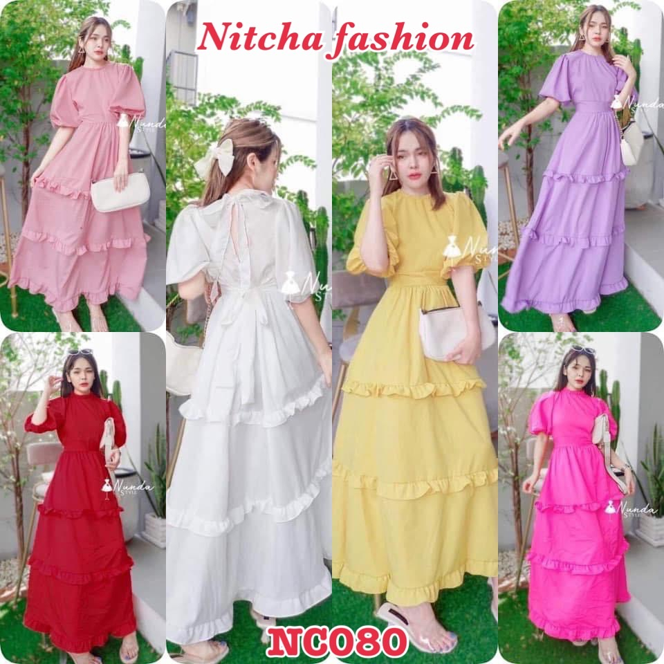 NF0080 แม็กซี่เดรสคอยาง ผ่าหลังพร้อมโบว์ผูกคอด้านหลังผ้าไหมอิตาลี่  กระโปรงชายระบาย3ชั้นเอวสม็อคหลัง