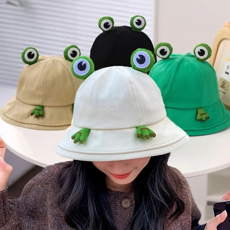 [พร้อมส่ง] หมวก หมวกบักเก็ตสำหรับผู้ใหญ่ รอบหัว: 58-60 cm. แต่งลายกบ 🐸 หมวกแฟชั่นผู้หญิง