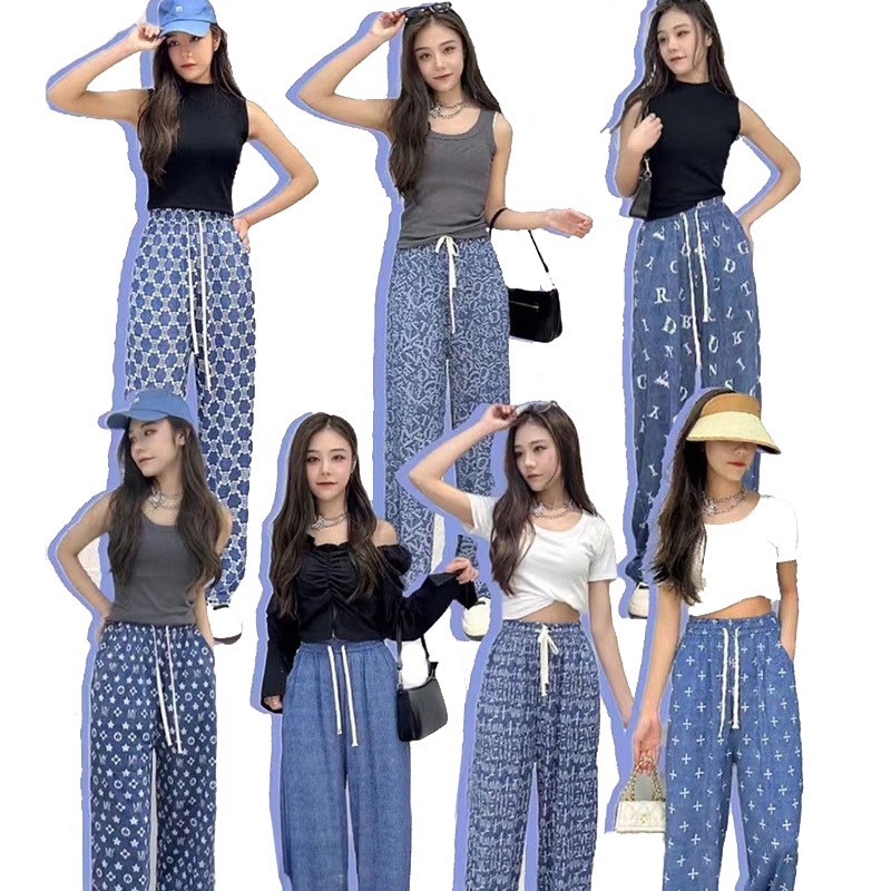 SUNBALEE 💙 กางเกงผ้ามัดย้อมผู้หญิง กางเกงเอวสูง ​กางเกงขายาวสีฟ้าคราม​ ผ้านิ่ม ยืดได้ดี 💙QC