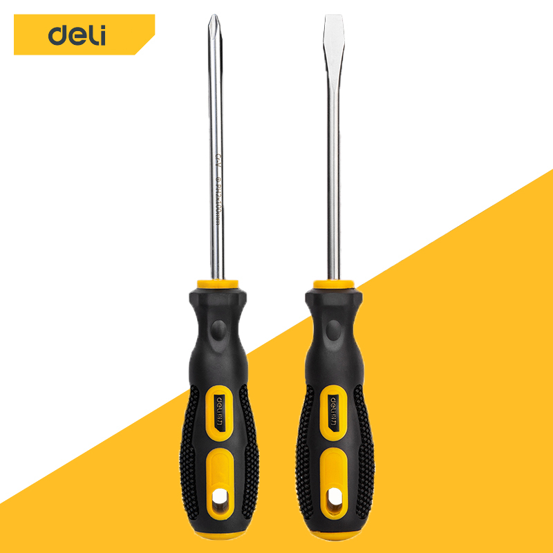 Deli ไขควงหัวแฉก ไขควงสลับ ปลายแม่เหล็ก หัวแบน ปากแบน เกรดเหล็กCRV อย่างดี 2pcs Screwdriver