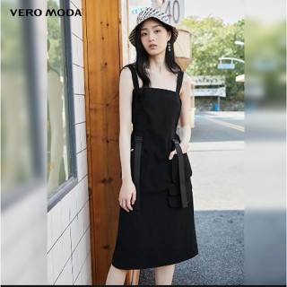 Vero Moda ชุดกระโปรงสายเดี่ยว สีดำ แนวคาร์โก้ สไตล์สรีท เท่ดิบ ไซส์ XS เอวยางยืด มีกระเป๋า ตกแต่งเชือก pinafore dress