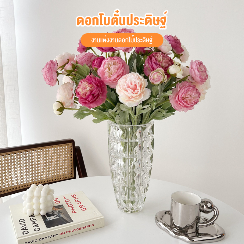 ดอกโบตั๋นดอกไม้ประดิษฐ์ 3 หัว Flocking Dew Lotus ดอกโบตั๋นดอกไม้ปลอมดอกโบตั๋นดอกไม้ประดิษฐ์งานแต่งงาน INS ตกแต่งบ้าน