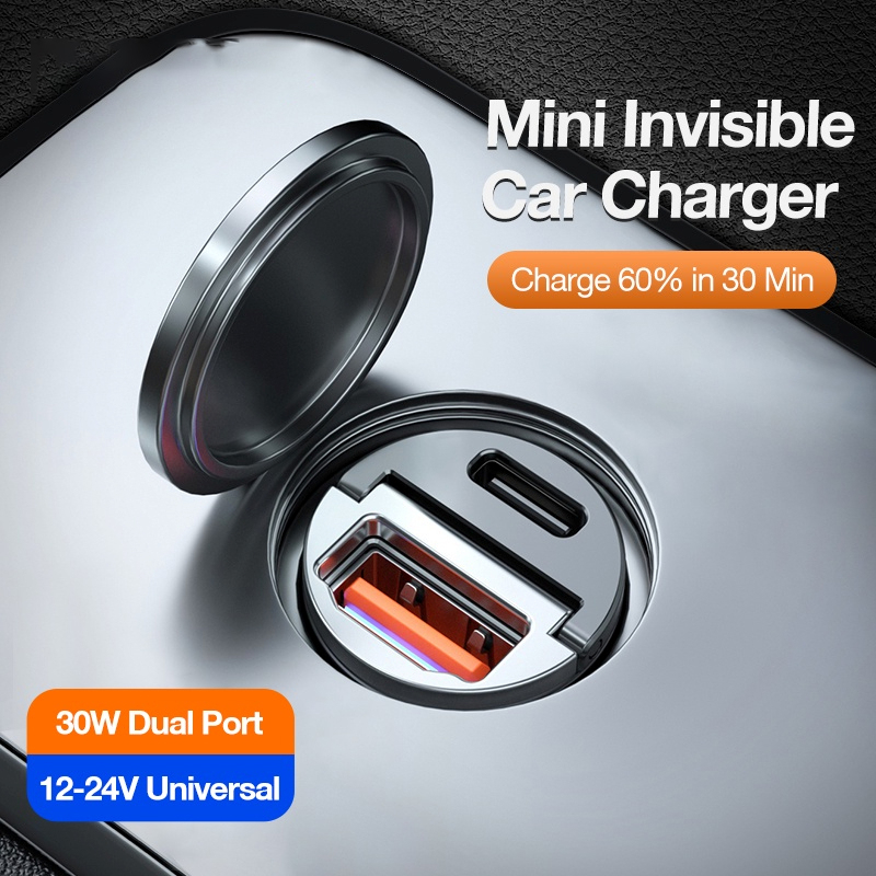 อะแดปเตอร์ชาร์จในรถยนต์ 30W USB Type C PD30W + QC3.0 สองพอร์ตโลหะชาร์จเร็วสำหรับ iPhone Samsung Huawei Xiaomi