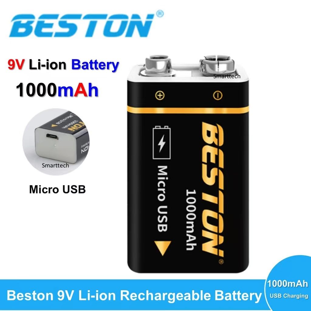 150 บาท ถ่านชาร์จ BESTON 9V แบตเตอรี่ชาร์จ 1000 mAh แถมสาย USB Micro คุณภาพสูง ราคาถูก Li-ion Battery 1 ก้อน Home Appliances
