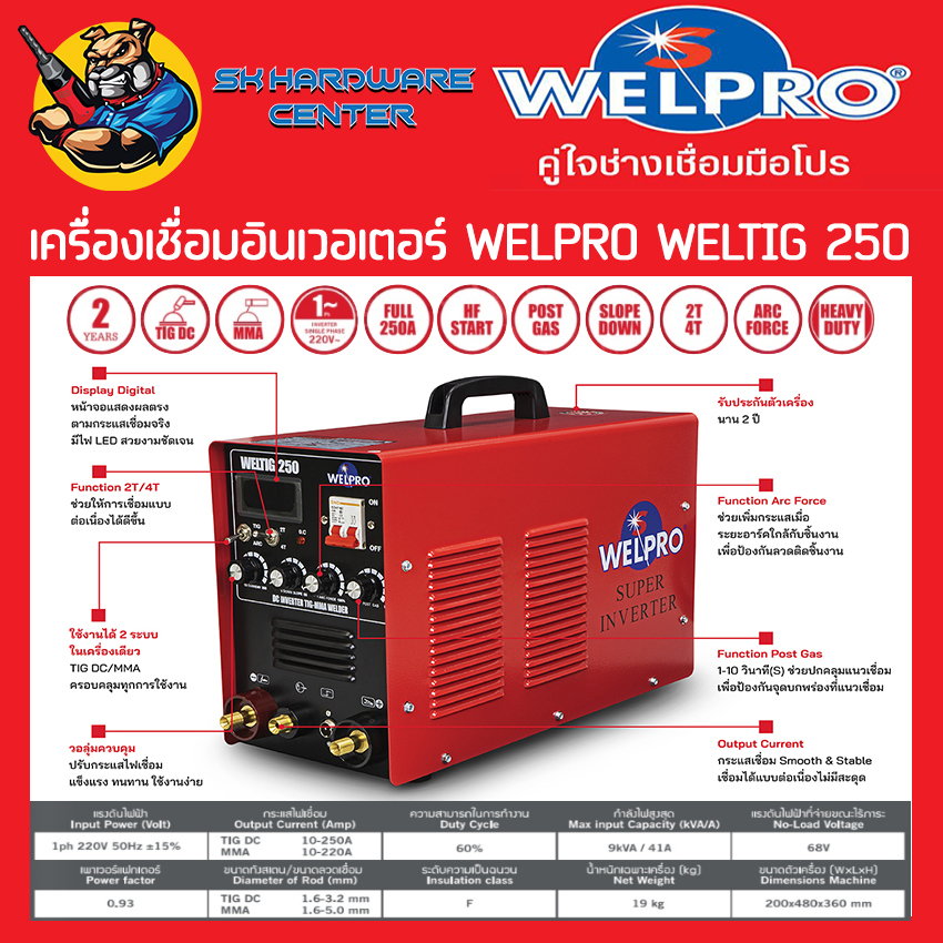 เครื่องเชื่อมอินเวอเตอร์ 2ระบบ TIG/MMA กระแสไฟเชื่อม 250A WELPRO รุ่น WELTIG 250 (รับประกัน 2ปี) (มีใบกำกับภาษี)