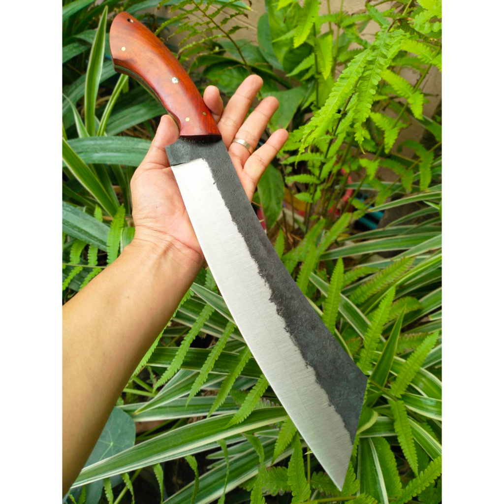 มีดแรมโบ้ (Rambo knife) มีดแคมป์ มีดคัตติ้ง มีดทำสวน มีดเดินป่า 11.3” Sup9 full tang ผิวไฟ ด้ามไม้พะยูง หมุดโมเสค
