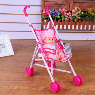 ของเล่นตุ๊กตาพร้อมรถเข็น เด็กร้องได้พับเก็บได้ ตุ๊กตาเด็ก รถเข็นเด็กเบาะลายการ์ตูน มีหลายแบบให้เลือก