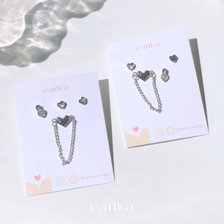 (กรอกโค้ด GG24P ลด 65.-) earika.earrings - metal heart set เซ็ตต่างหูหัวใจสายโซ่ก้านเงินแท้ คนแพ้ง่ายใส่ได้