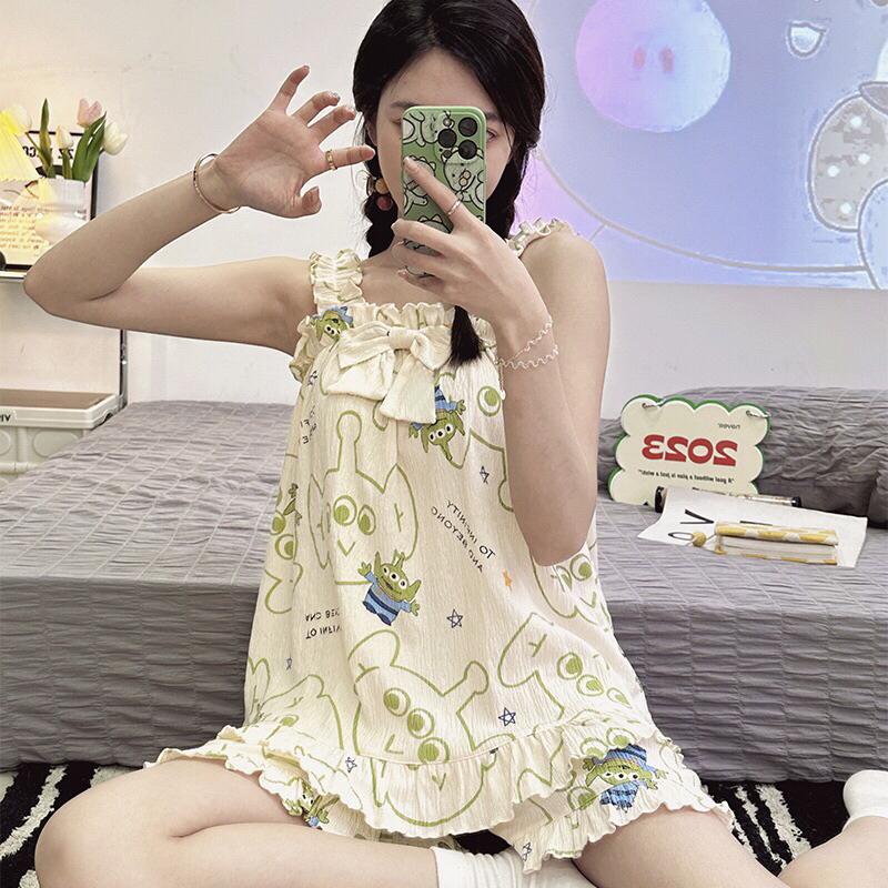 Sy（ฝ้ายคอตตอล）ชุดนอนสลิงเวอร์ชั่นเกาหลีของสาวๆ น่ารัก หวานๆ บางๆ แขนสั้น ใส่อยู่บ้าน ผ้าใส่สบาย